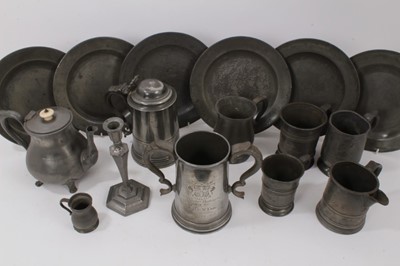 Lot 758 - Georgian pewter lidded tankard, together with a collection of pewter