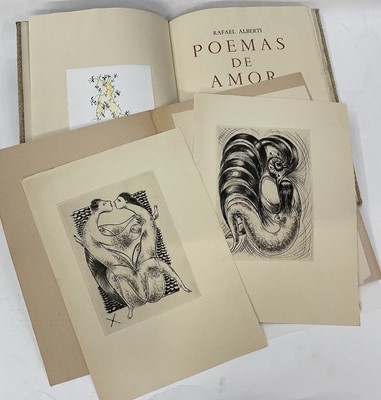 Lot 1742 - Rafael Alberti, Poemas De Amor, first edition 1967, vellum and cloth bound in marbled paper slipcase, with two etchings