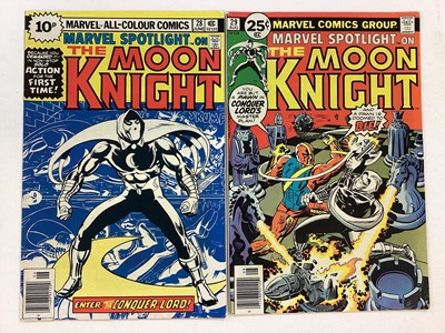 Lot 76 - Marvel Comics Marvel spotlight on the Moon Knight #28 and #29 (1976) 1st and 2nd Solo Moon Knight story. Priced 10p and 25 cents. (2)