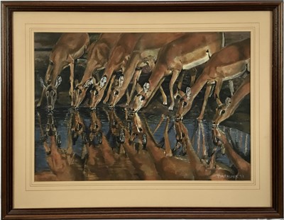 Lot 282 - P M Palmer, pastel of female gazelles at a watering hole '92