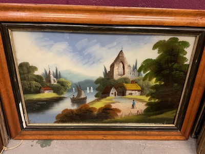 Lot 166 - 19th century reverse painting on glass, in maple frame, with three further pictures