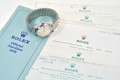 Lot 601 - Rolex Oyster Date wristwatch on expandable bracelet, with service and repair paperwork