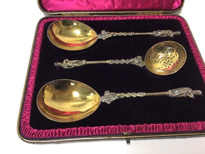 Lot 43 - Cased set three Victorian silver gilt serving spoons/sifter spoon