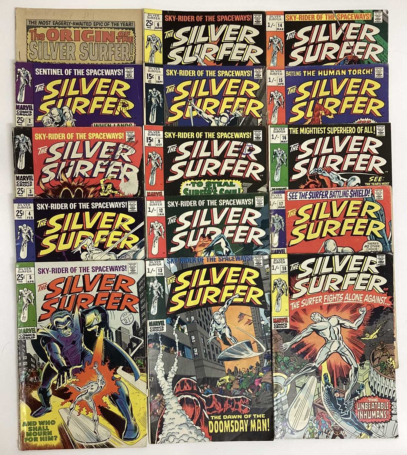 Lot 93 - Marvel comics The Silver Surfer 1968 to 1970. Incomplete run from issue 1 - 18. Missing issues 7, 10 and 11. Issue No.1 is missing front and back covers. English and American price variants. (15)