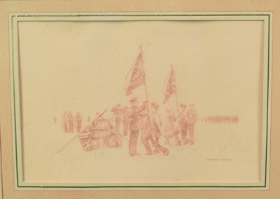 Lot 1264 - *Richard Stone (b.1951) set of four conte drawings - H.M. Queen Elizabeth the Queen Mother presenting new colours to the Royal Anglian Regiment, Tidworth, Hampshire