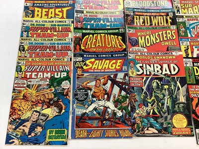 Lot 146 - Box of Marvel Comics. Mostly 1970's. To include Kazar, Skull the slayer, Man-wolf, The Beast, super villain team up and Jungle action featuring the Black Panther. Approximately 80 comics.