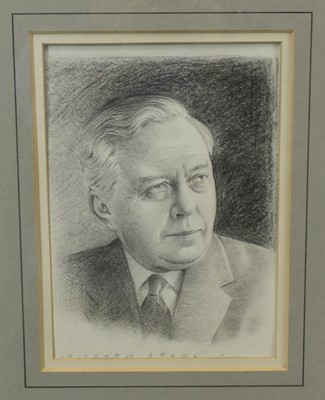 Lot 1263 - *Richard Stone (b.1951) charcoal drawing - portrait of Harold Wilson, signed, 31cm x 22cm, in glazed frame