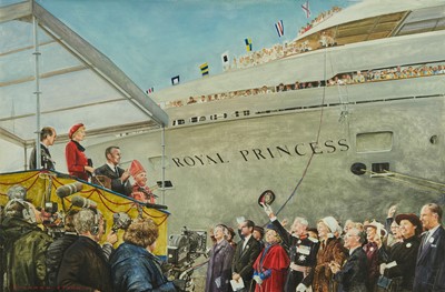 Lot 1262 - *Richard Stone oil on canvas, H.R.H. Princess Diana launching 
The Royal Princess for P & O, Southampton 1984