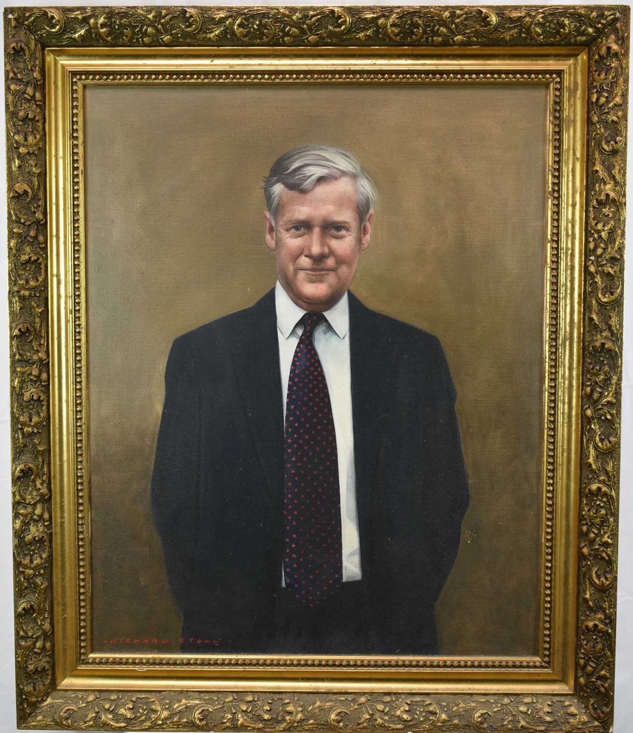 Lot 1266 - *Richard Stone, oil on canvas, half length portrait of 
Professor Clive Parry of Downing College, Cambridge 
(posthumous portrait)