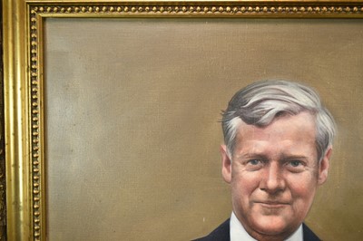 Lot 1266 - *Richard Stone, oil on canvas, half length portrait of 
Professor Clive Parry of Downing College, Cambridge 
(posthumous portrait)