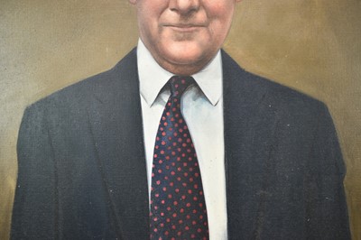 Lot 1266 - *Richard Stone, oil on canvas, half length portrait of 
Professor Clive Parry of Downing College, Cambridge 
(posthumous portrait)