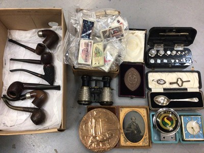 Lot 307 - Group of various items including cigarette cards, WWI death plaque, opera glasses, silver spoon, pipes and sundries