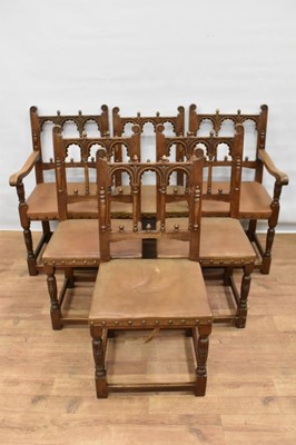 Lot 1440 - Set of six oak and leather upholstered dining chairs