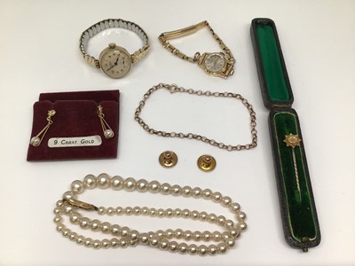 Lot 1032 - 18ct gold cased MuDu wristwatch, 9ct gold cased Pilot wristwatch, 9ct gold chain bracelet and two 9ct gold dress studs