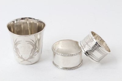 Lot 223 - Pair Edwardian silver Art Nouveau spill vases, marks rubbed, 15.5-16cm, two silver caddy spoons, two silver napkin rings, silver beaker and ashtray (8)
