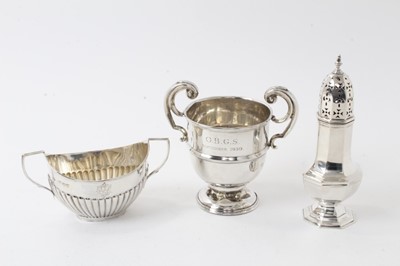 Lot 224 - Edwardian Silver sugar castor, (Sheffield 1905), 16.5cm high, Victorian silver reeded sugar basin, (London 1894) and Edwardian silver two handled trophy, (Birmingham 1902), all approx 8.5ozs