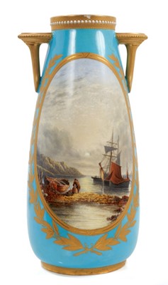 Lot 106 - A Royal Worcester turquoise ground vase, circa 1873