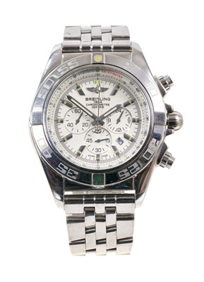 Lot 605 - Breitling Chronomat AB0110 Chronometer stainless steel wristwatch, quartz movement, the circular white dial with steel batons, three subsidiary dials and date aperture, uni-directional bezel in sta...
