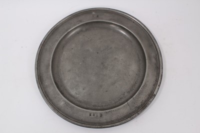 Lot 763 - 18th century pewter broad rim charger, with assay marks to rim, 42cm diameter