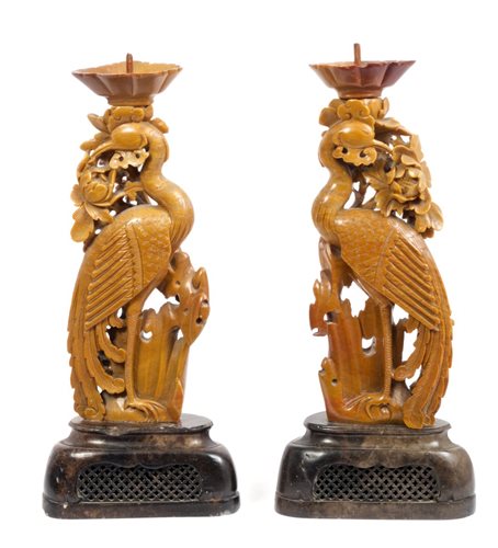 Lot 786 - Pair 19th century Chinese carved soapstone ho...