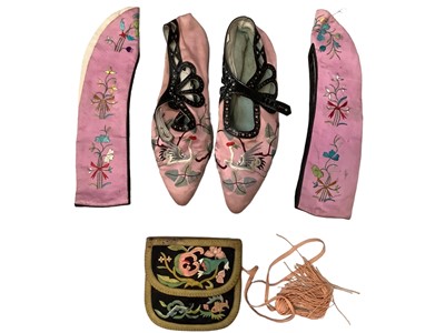 Lot 2060 - Chinese silk purse and a pair of Chinese silk shoes plus two pairs of Asian metallic thread embroidered slippers.