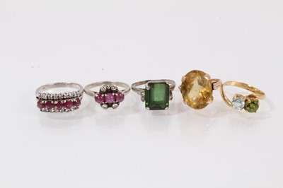 Lot 459 - Group of five gem-set dress rings to include a green tourmaline and diamond ring.