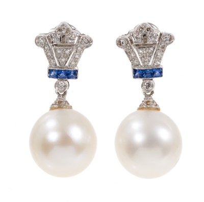 Lot 528 - Pair of Art Deco style cultured pearl, diamond and sapphire pendant earrings, each with a large cultured pearl measuring approximately 11.5mm suspended from a diamond and sapphire mount in 18ct whi...