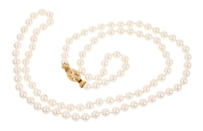 Lot 525 - Cultured pearl opera length necklace with a long string of one hundred and six 7.5mm cultured pearls on an 18ct gold and diamond clasp. Length 100cm.