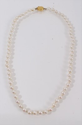 Lot 553 - Cultured pearl necklace with a string of 5.7mm cultured pearls on a 14ct gold clasp, 43cm.
