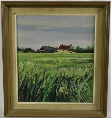 Lot 1264 - Kit Leese (b.1957) acrylic on board - Old Barn and Cornfield, signed, titled verso, 30cm x 26cm, framed