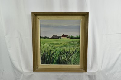 Lot 1264 - Kit Leese (b.1957) acrylic on board - Old Barn and Cornfield, signed, titled verso, 30cm x 26cm, framed