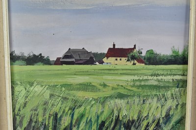 Lot 1264 - Kit Leese (b.1957) acrylic on board - Old Barn and Cornfield, signed, titled verso, 30cm x 26cm, framed