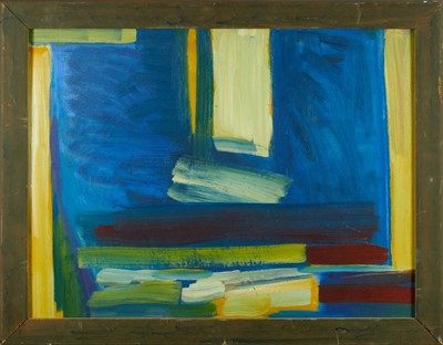 Lot 1293 - Frank Beanland (1936-2019), oil on board, Tiers of Blue, titled, signed and dated 1997 verso, 60cm x 80cm, framed