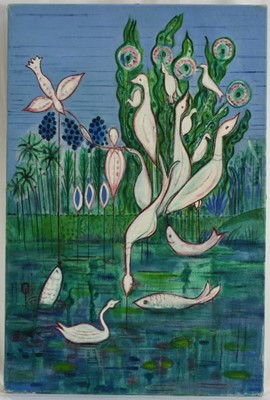 Lot 1252 - Joyce Pallot (1912-1989) oil on canvas - Fantastical Birds and Fish, signed verso, a still life verso, 76cm x 51cm, unframed
