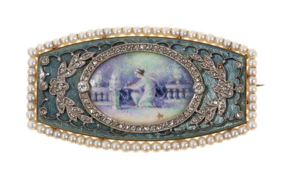 Lot 406 - Fine Edwardian Belle Époque diamond and enamel brooch with oval painted panel