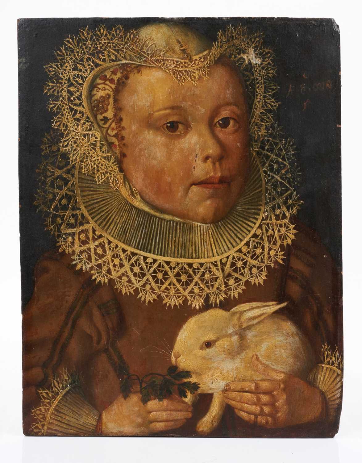 Lot 1175 - Manner of Marcus Gheeraerts the Younger (c.1561/62-1636) oil on panel - portrait of a child feeding a pet rabbit, 35cm x 27cm, unframed