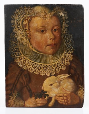 Lot 1175 - Manner of Marcus Gheeraerts the Younger (c.1561/62-1636) oil on panel - portrait of a child feeding a pet rabbit, 35cm x 27cm, unframed