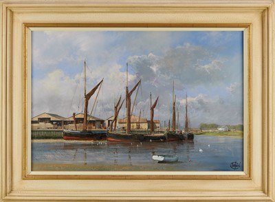 Lot 1262 - *Clive Madgwick (1939-2005) oil on canvas - Barges at The Hythe, Colchester, signed, dated 2001 verso, framed