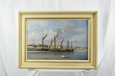 Lot 1274 - *Clive Madgwick (1939-2005) oil on canvas - Barges at The Hythe, Colchester, signed, dated 2001 verso, framed