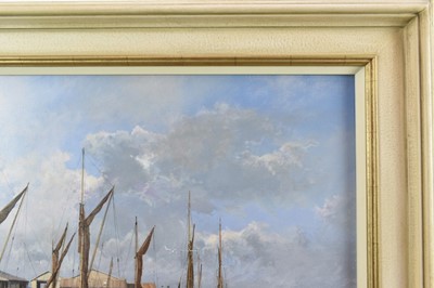 Lot 1274 - *Clive Madgwick (1939-2005) oil on canvas - Barges at The Hythe, Colchester, signed, dated 2001 verso, framed