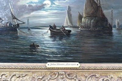Lot 1276 - John Moore of Ipswich (1820-1902) oil on panel - Moonlit Riverscape, signed, 23cm x 38cm, in gilt frame
