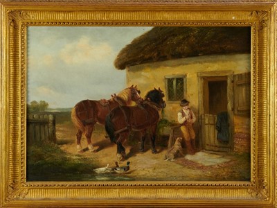 Lot 1274 - Thomas Smythe (1825-1907) oil on canvas - Plough Horses at a Rest before a Cottage, signed, 36cm x 51cm, in gilt frame