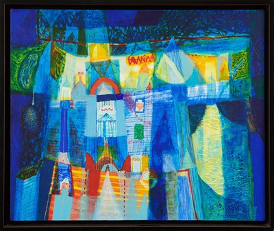 Lot 1155 - Plamen Russel (b.1964, Bulgarian) mixed media on canvas - Cityscape, signed verso, 50cm x 60cm, framed