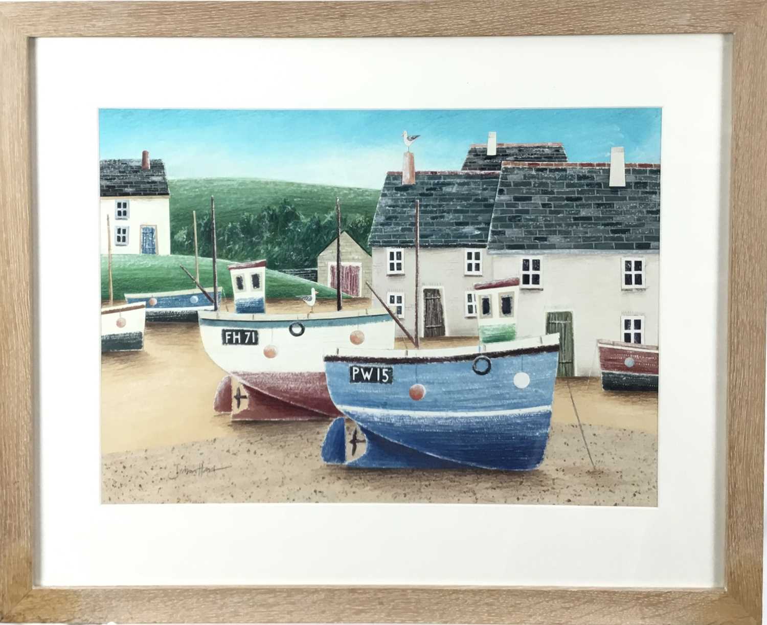 Lot 25 - Simon Hart (b. 1969) mixed media collage - Fisherman’s Cottages, signed, titled verso, 40cm x 55.5cm, mounted in glazed frame