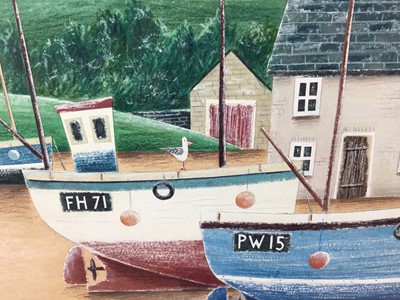 Lot 25 - Simon Hart (b. 1969) mixed media collage - Fisherman’s Cottages, signed, titled verso, 40cm x 55.5cm, mounted in glazed frame