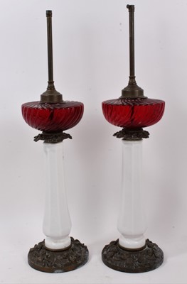 Lot 837 - Pair of Victorian opaline and ruby glass and metal mounted table lamps