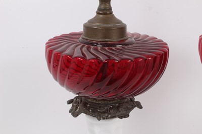 Lot 837 - Pair of Victorian opaline and ruby glass and metal mounted table lamps