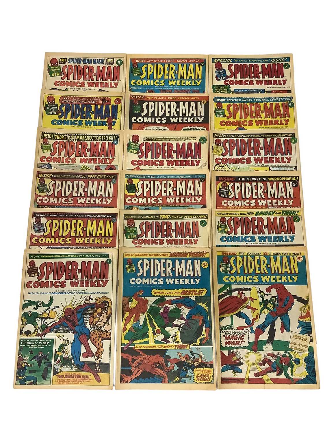 Lot 164 - Collection of marvel comics Spider-Man weekly, February 1973 to July 1973 to include issue 1. Together with the mighty world of marvel weekly comics, some from 1972 and 1973. Approximately