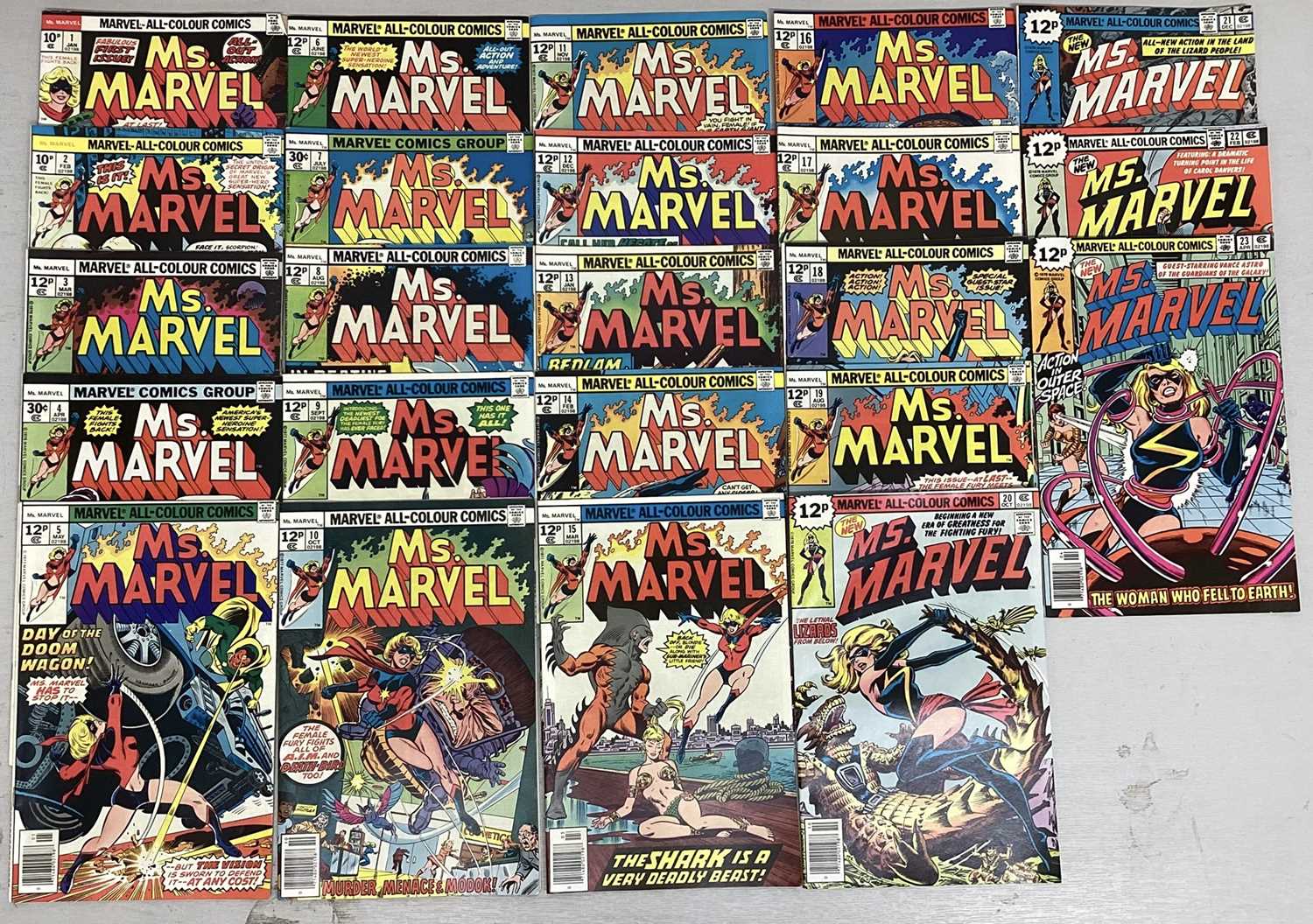 Lot 160 - Marvel comics Ms. Marvel (1977 to 1979) Issue 1 - 23 complete solo series. To include issue 1, 1st appearance of Carol Danvers as Ms. Marvel. Issue 9, 1st appearance of Deathbird etc. (23)