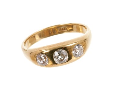 Lot 462 - Diamond three stone gypsy ring with three old cut diamonds in gypsy setting on 18ct gold shank. Estimated total diamond weight approximately 1ct. Ring size W½.